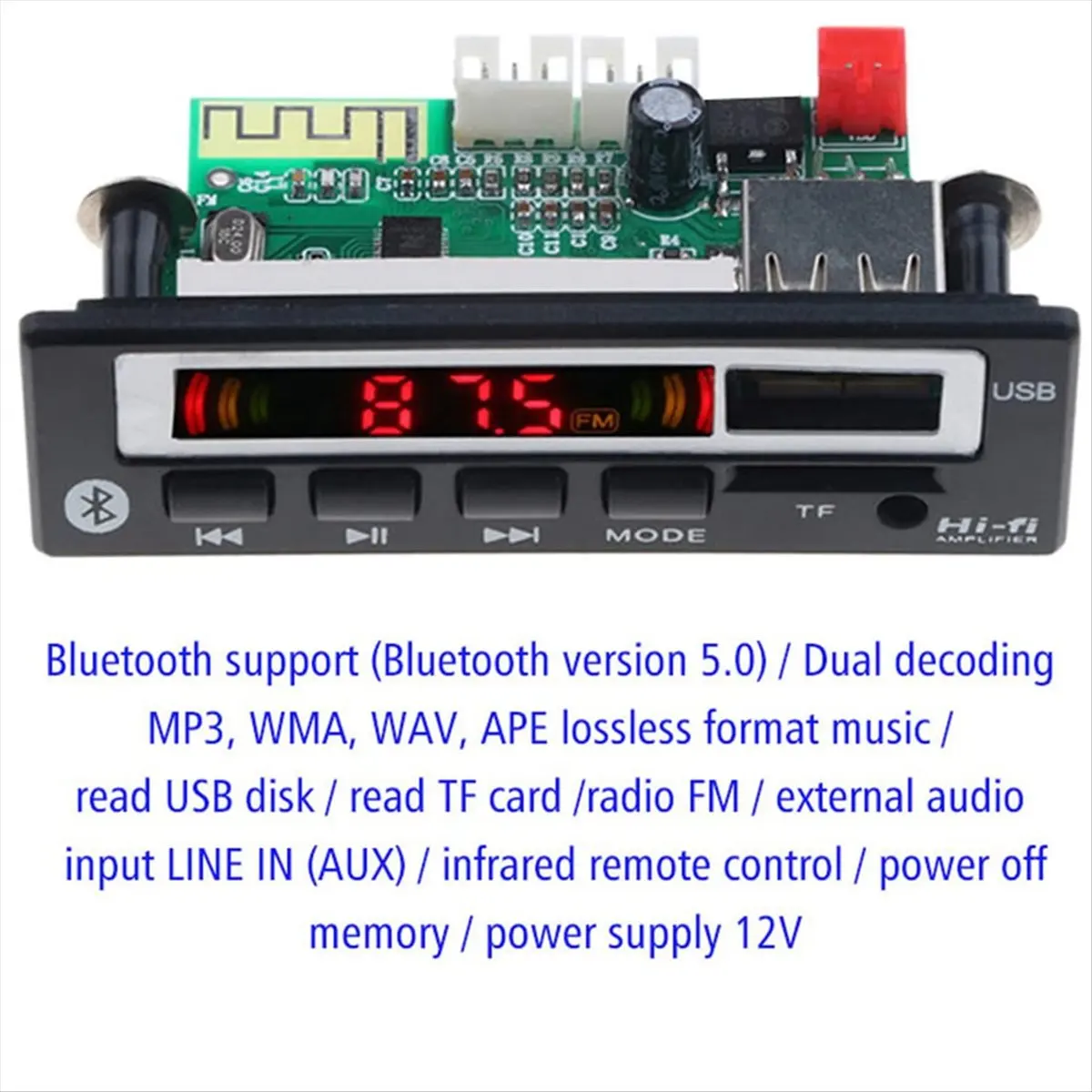 A49T 12V Bluetooth 5.0 MP3 Player Wireless Receiver MP3 Decoder Board Car FM Radio Module TF USB 3.5mm AUX Audio Adapter