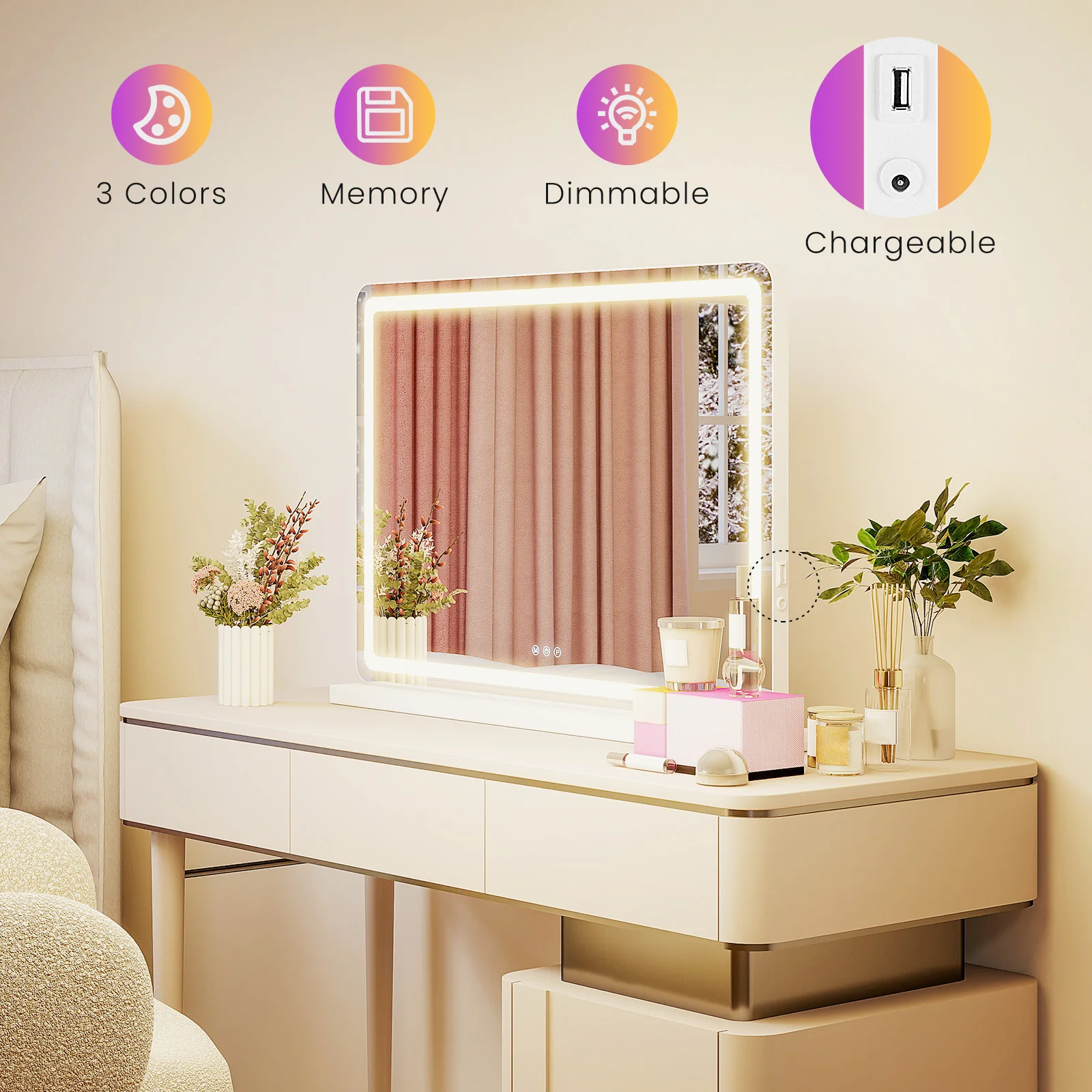JHK LED مرآة الغرور مع أضواء الألومنيوم الإطار مرآة الحمام عكس الضوء 3 أوضاع ألوان مرآة ماكياج وظيفة الذاكرة غرفة نوم