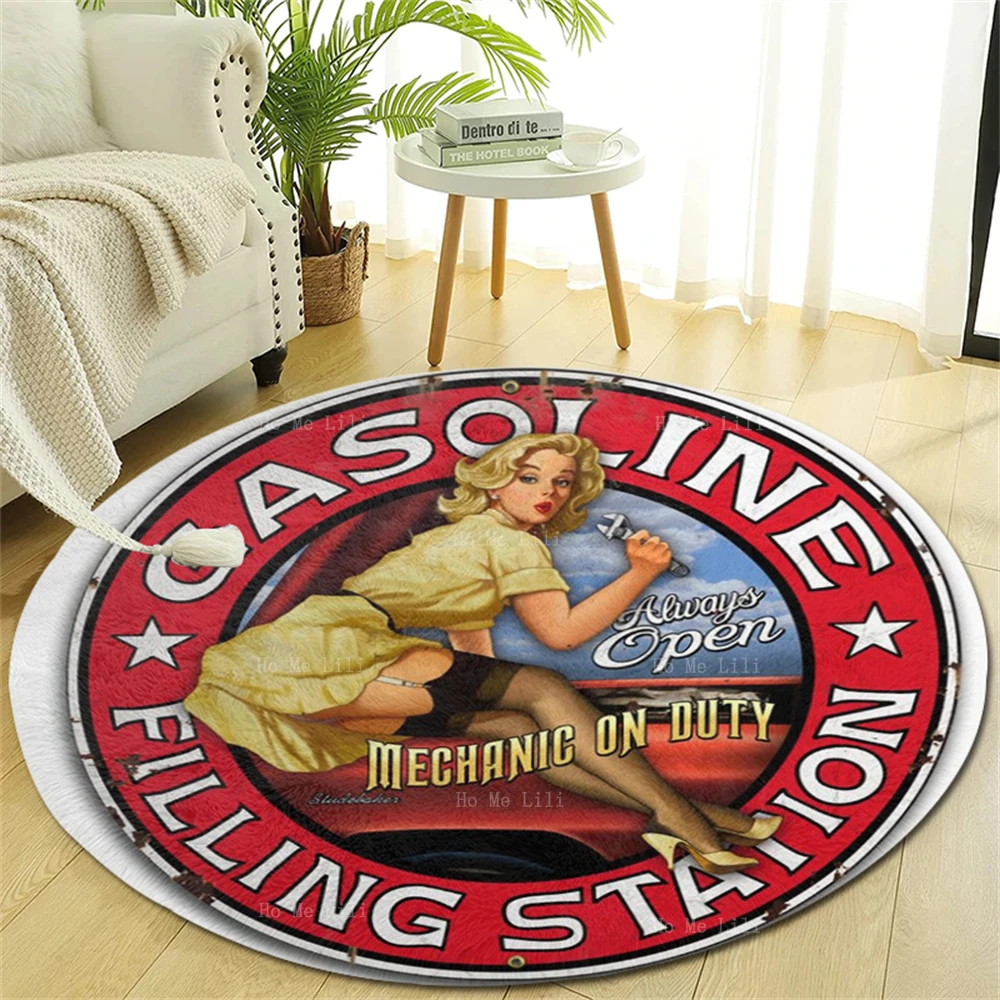 Filling Station Vintage Car Sexy Oil Pin Up Girl Old Gas Pump Petrol Service Before Self Retro Round Flannel Floor Rugs