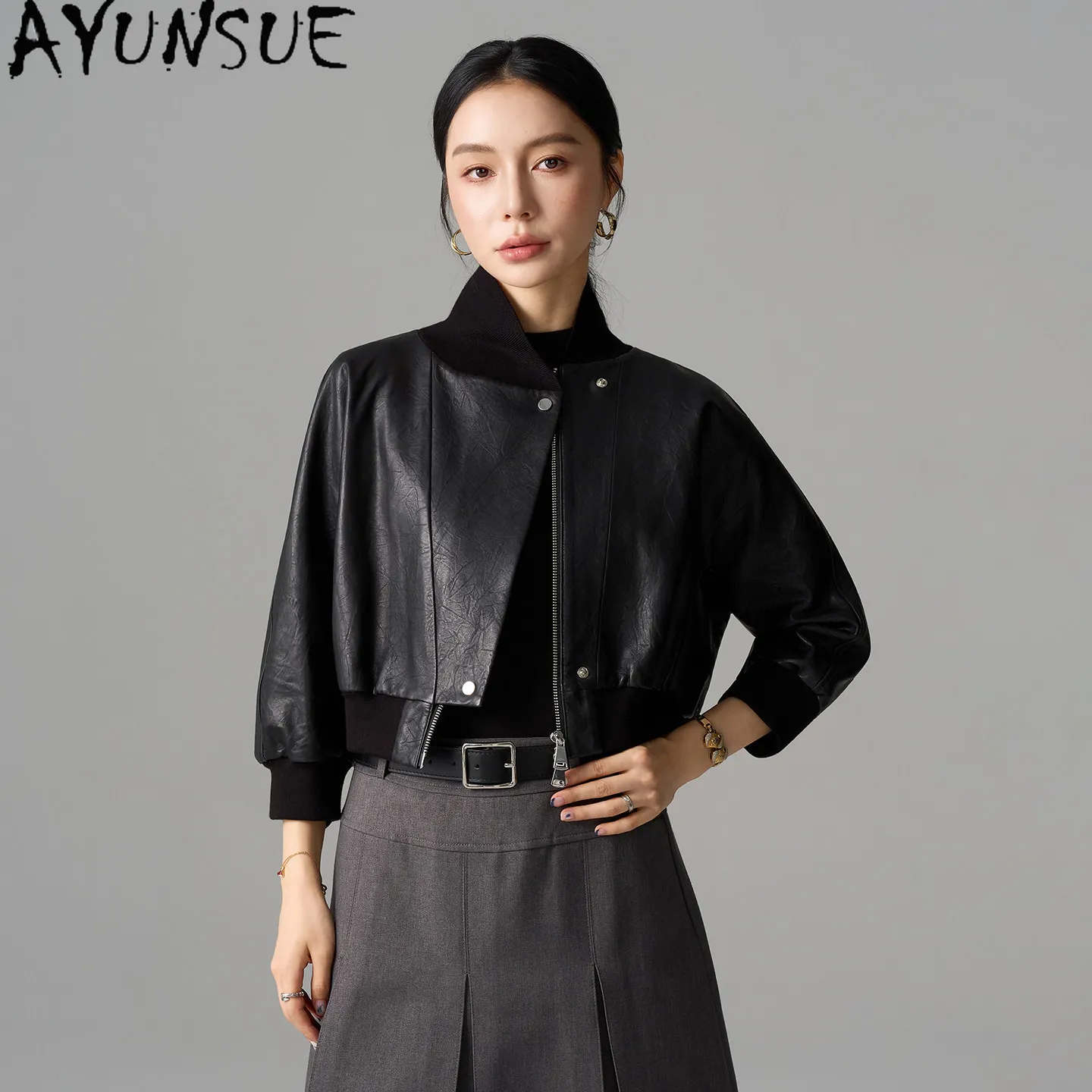 AYUNSUE Real Leather Jacket Women Fashion Black Sheepskin Coat Spring Autumn Womens Coats Short Batwing Style Косуха Женская