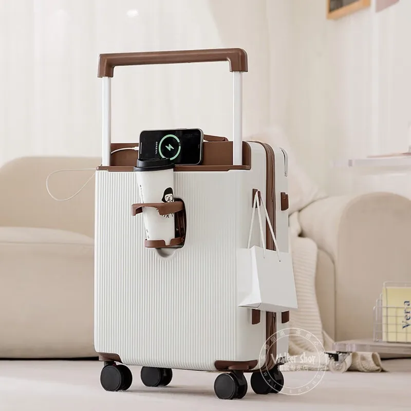 

Light luxury large capacity smooth soft sound universal wheel suitcase wide trolley case, white brown 22 inches