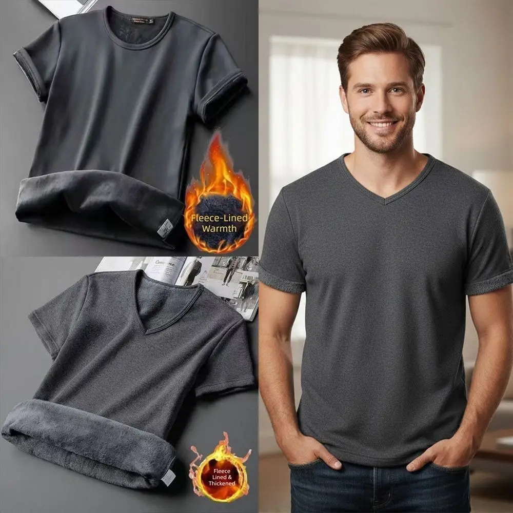 

Soft Fleece Lined Men's Short Sleeve Round Neck V-Neck Men's T-Shirt Thickened Pure Color Fleece Short Sleeve Winter