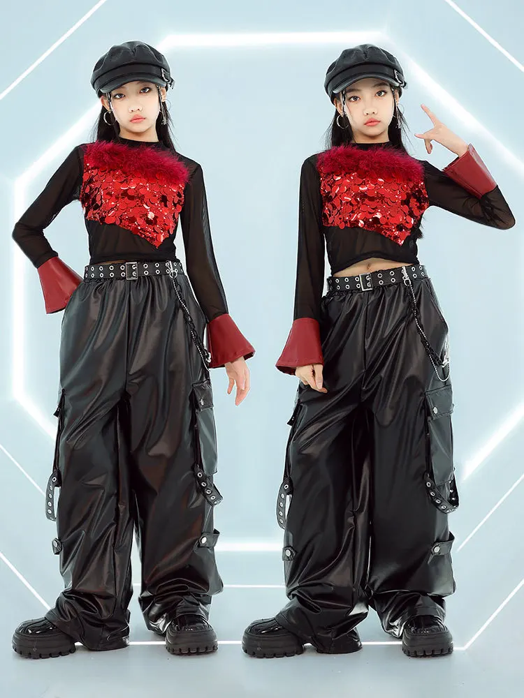 Kind Hip Hop Dance Outfit Mädchen Jazz Dance Kleidung Kpop Bühne Kleidung Pailletten Rot Schwarz Top Shuffle Hosen Street Dance Tragen