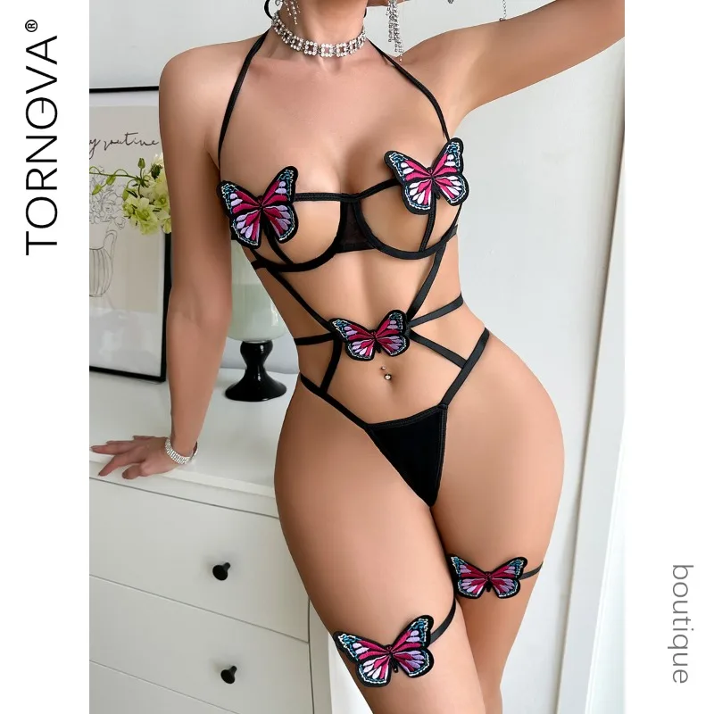 

Tornova Sexy Lingerie Sexy Bow Knot Embroidery Clothes Women Lingerie Hot Lace Suspender Neck Strap Bow Hollow Backless Jumpsuit