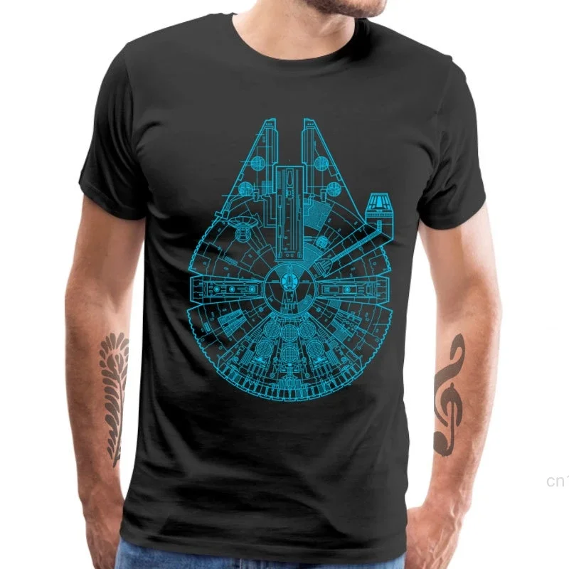 Falcon Blueprint Tshirt Men's Gift T Shirt Men Millenium  Cotton Father Day Tees Retro Geometric Spaceship Print Clothes Tops