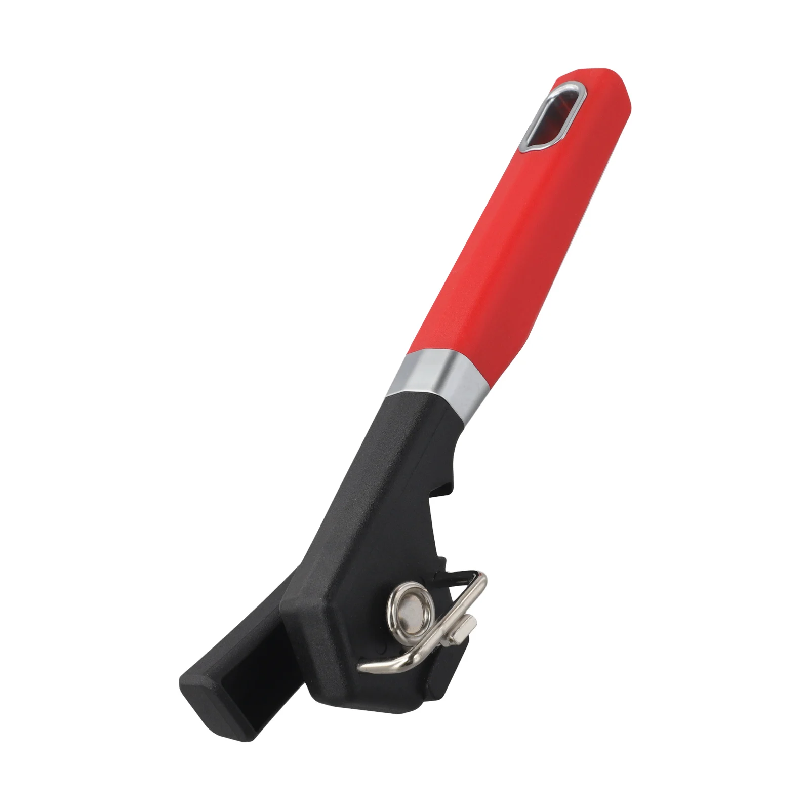 A lightweight manual can opener for camping or home use featuring an ergonomic handle designed to reduce hand fatigue