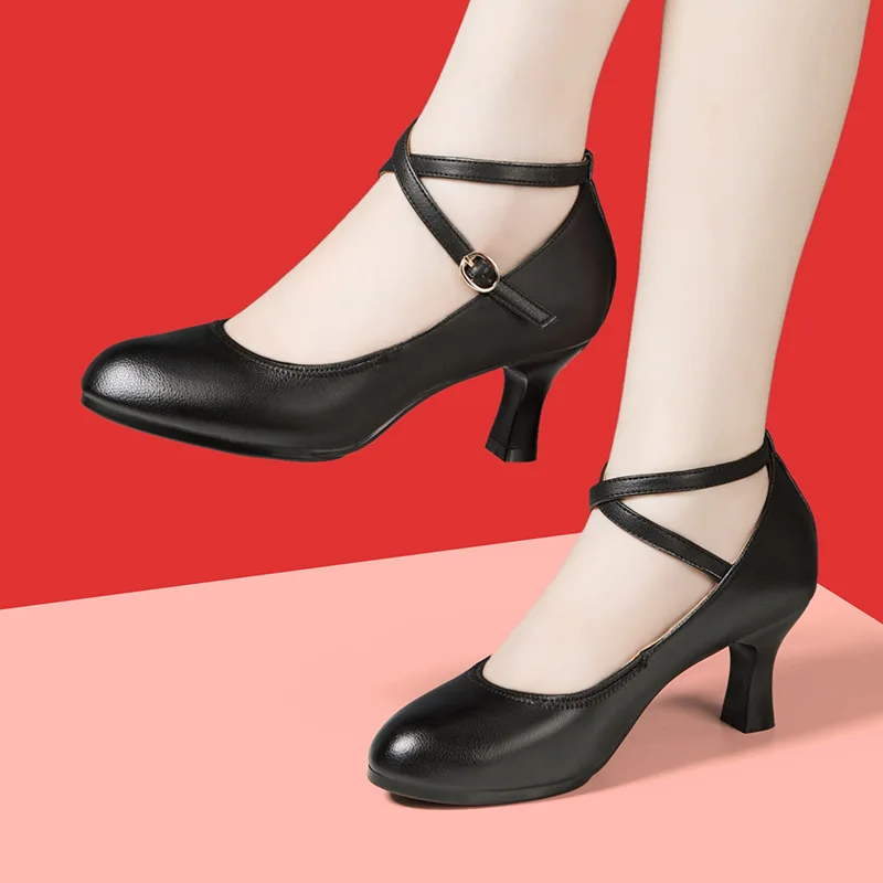 5.5cm 6cm Fashion Comfortable Shallow Med Block Heels Shoes Women Pumps 2025 Spring Soft Leather Office Dance Shoes for Mom image 2