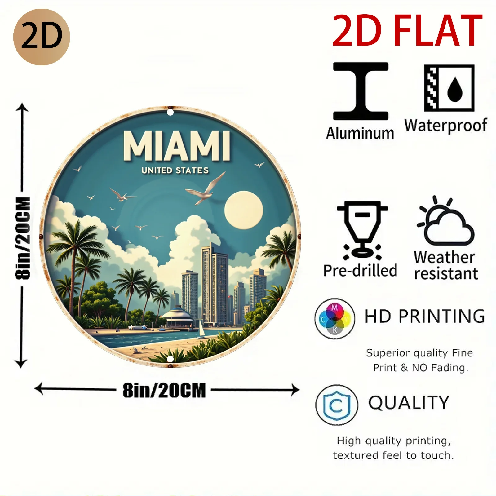 2D Flat, 2d Flat Vintage Metal Sign Miami United States Tropical Beach Palm Tree Skyline Travel Poster Ideal for Patio Bar Cafe