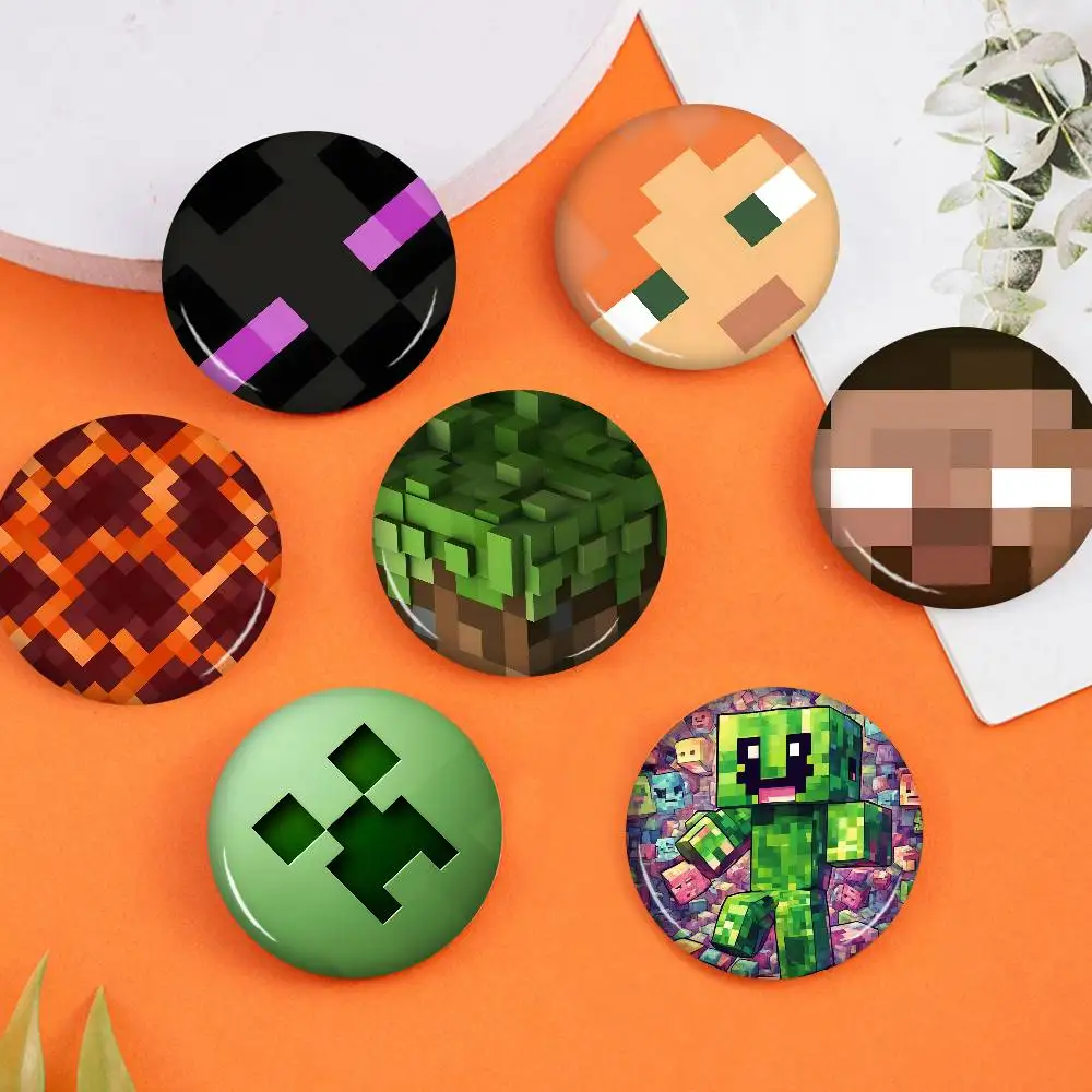 Mosaic pixel Round Button Pins Slogan Creative Brooches Backpack Clothes Decoration Fashion Cartoon Jewelry Gifts