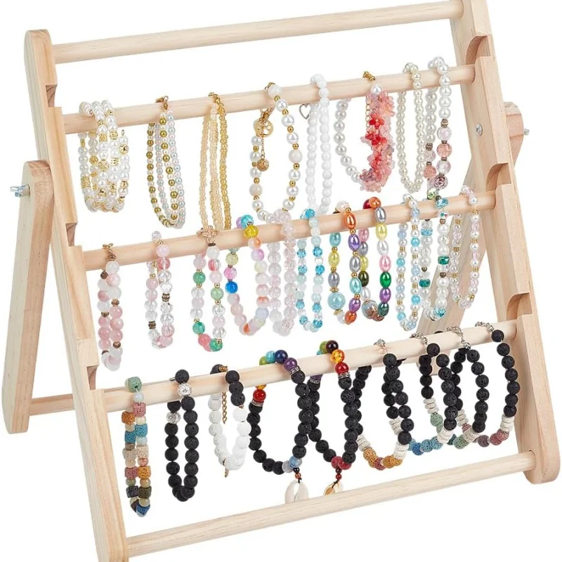 Adjustable Wooden Jewelry Display Stand Blanched Almond Natural Wood Bracelet Organizer Multi-Layer Jewelry Holder for Home