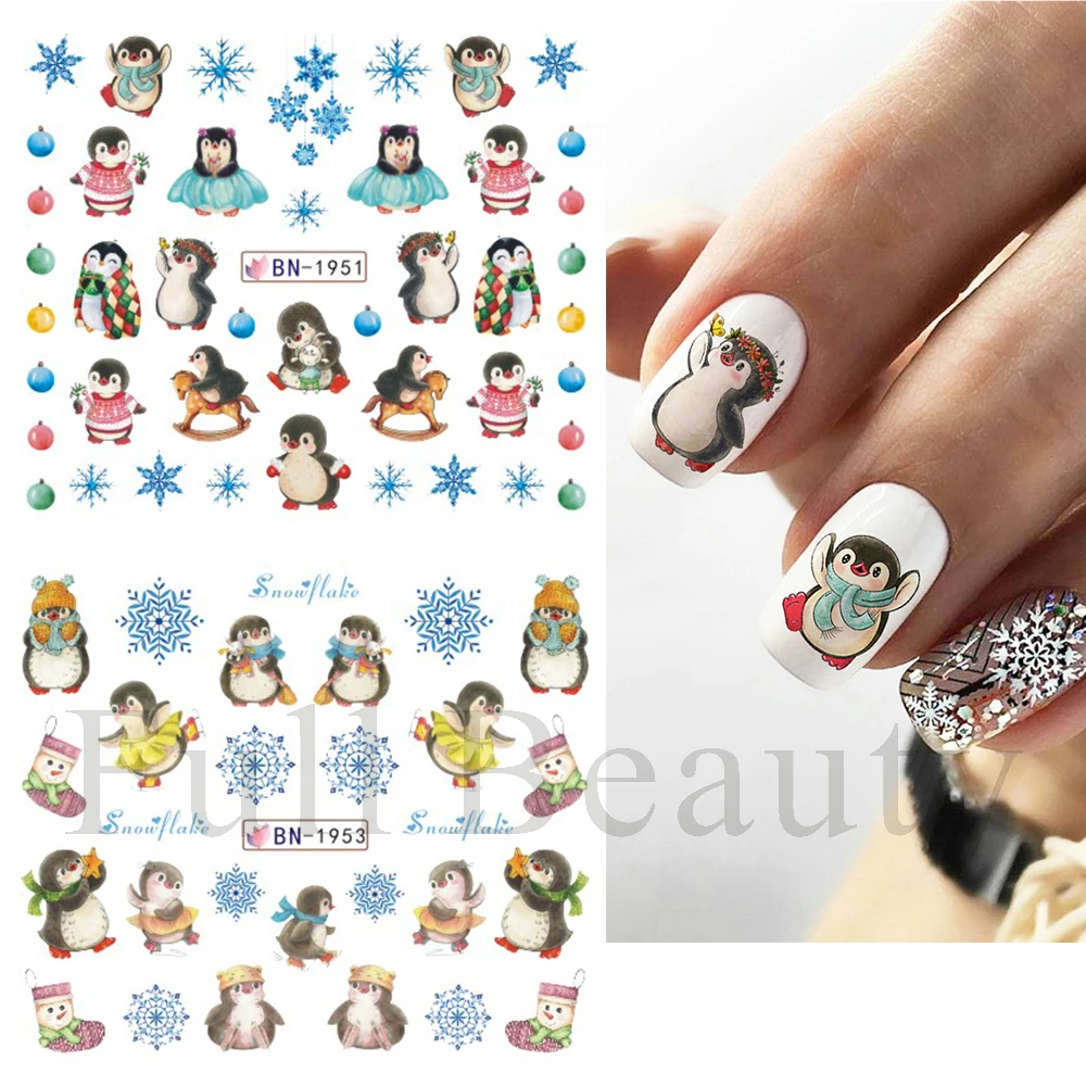 12pcs Cute Cartoon Christmas Nail Sticker Winter Penguin Polar Bear Cats Water Nail Decals Snow Birds Sliders Decor BN1945-1956