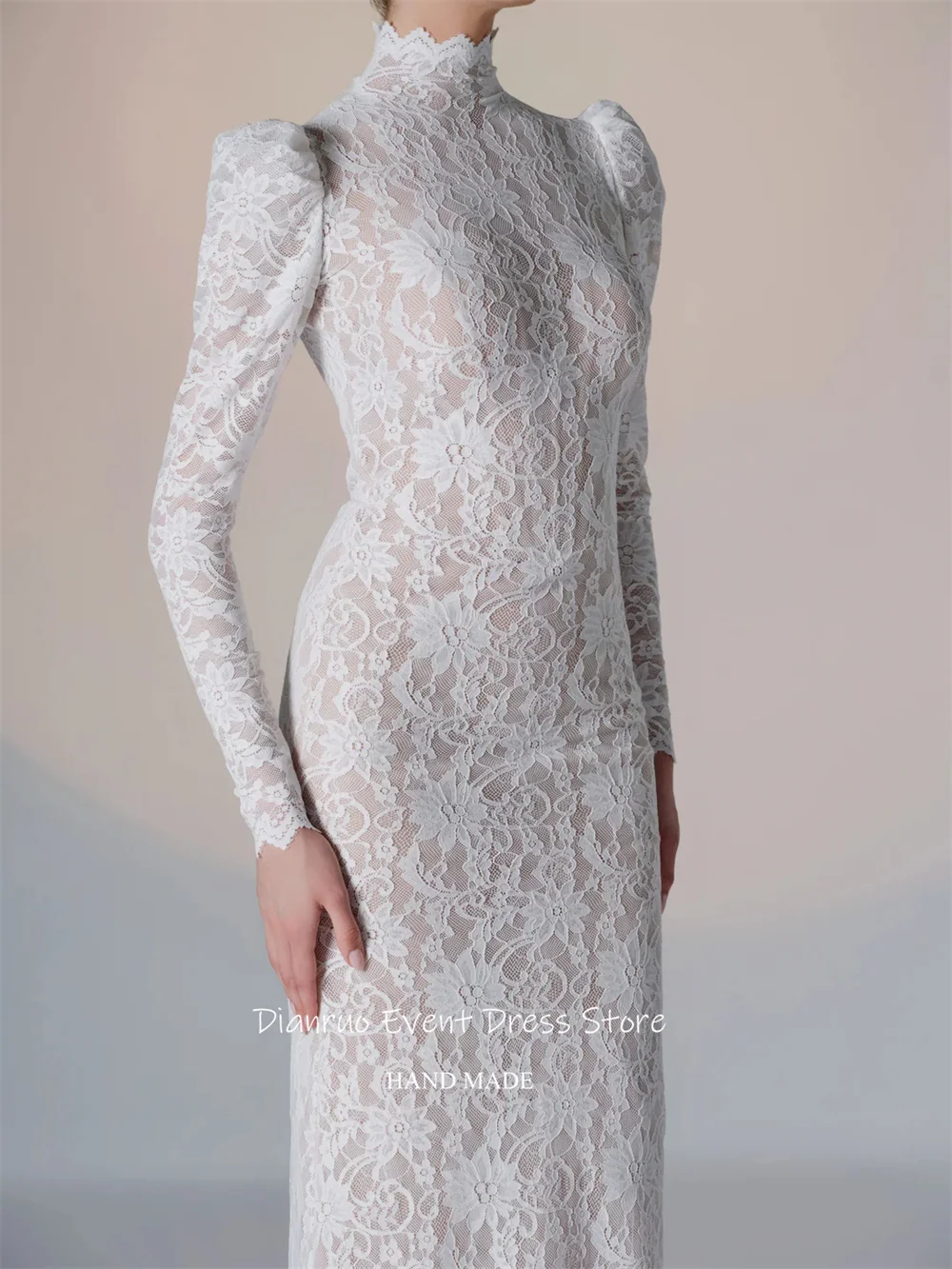 Dianruo – Robe De soirée en dentelle, fente haute, épaules bouffantes, avec des Appliques, moulante, manches longues, personnalisée