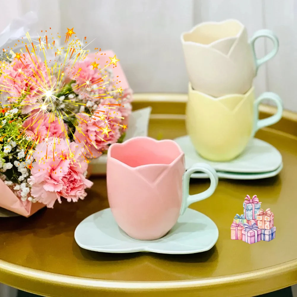 Creative Vintage Mug Lovely Tulip Drinking Cup with Saucer Ceramic Tulip Shaped Teacup Home Afternoon Tea Cappuccino Tableware