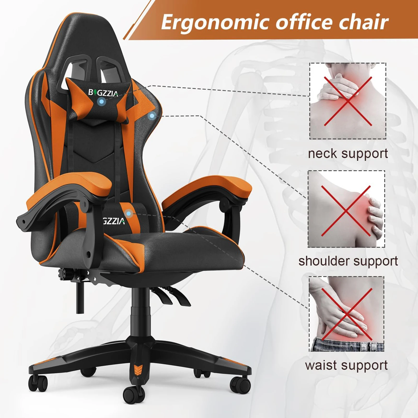 Kursi kantor ergonomis, kursi balap kulit PU dengan sandaran kepala dan penopang Lumbar untuk kursi Game balap