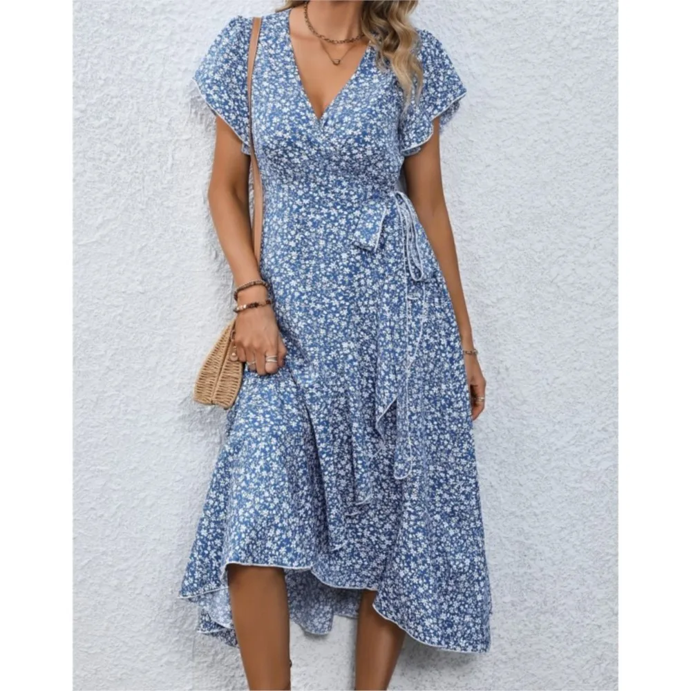 Women's Flower Flowy Split Midi Dress Summer Fashion V Neck Short Sleeve Irregular Dresses Boho Beach Holiday Sundress Robe