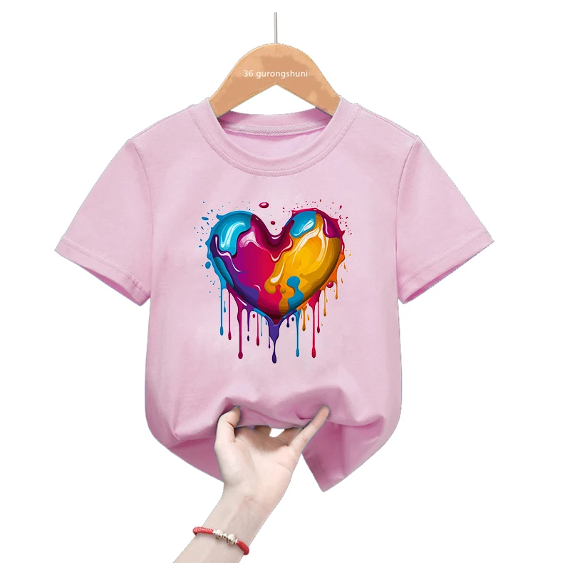 Rainbow Shoes/Love/Bird/Flowers Printed Pink T Shirt For Girls/Boys Harajuku Kawaii Kids Clothes Summer Fashion Tops Tee Shirt