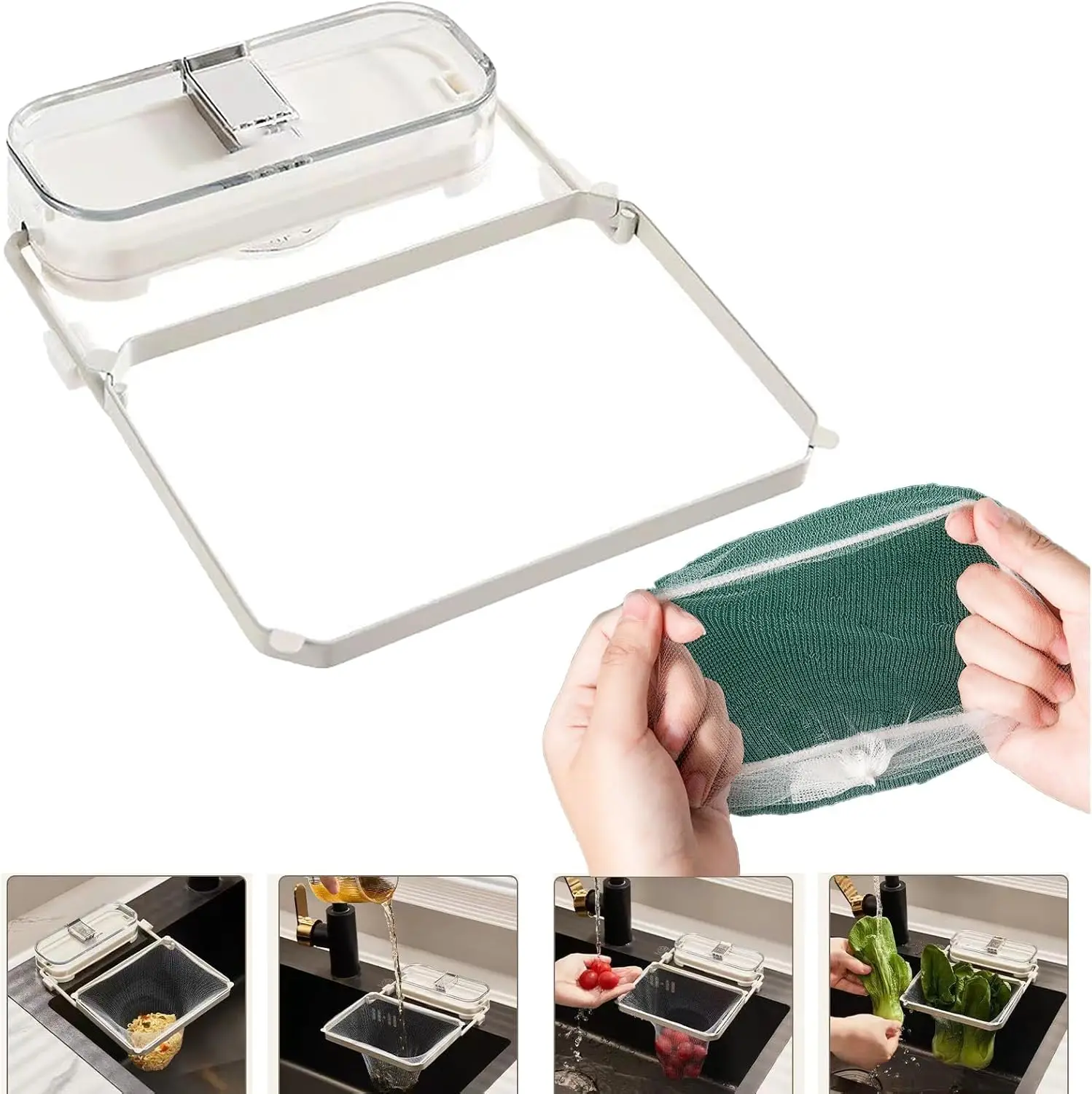 

Suction Cup Sink Filter Rack Mesh Bags Foldable Drain Basket for Food Scraps and Dishware Kitchen Countertop Organizer