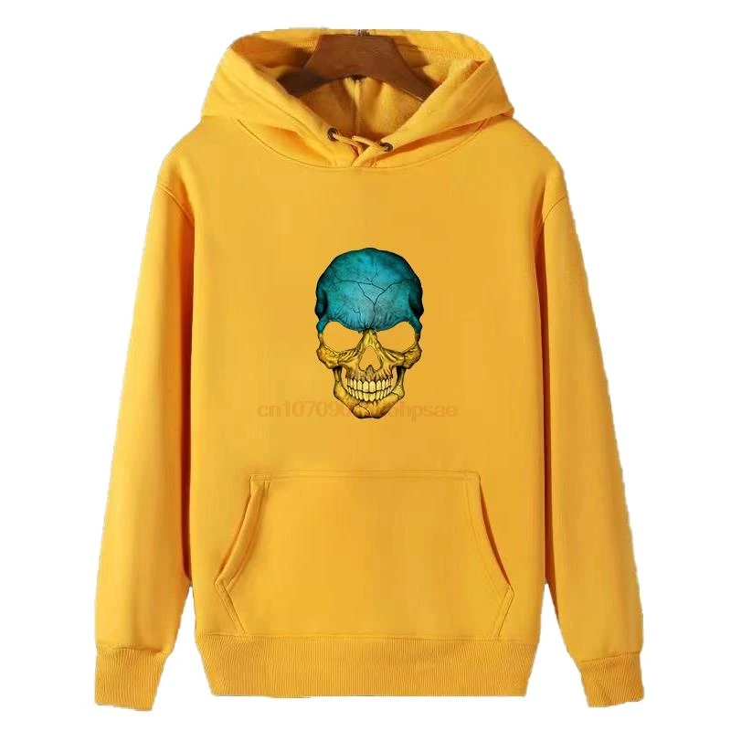 Ukrainian Flag Skull Unisex Graphic Hooded Sweatshirts Winter Thick Sweater Hoodie Essentials Fleece Hoodie Men's Sportswear