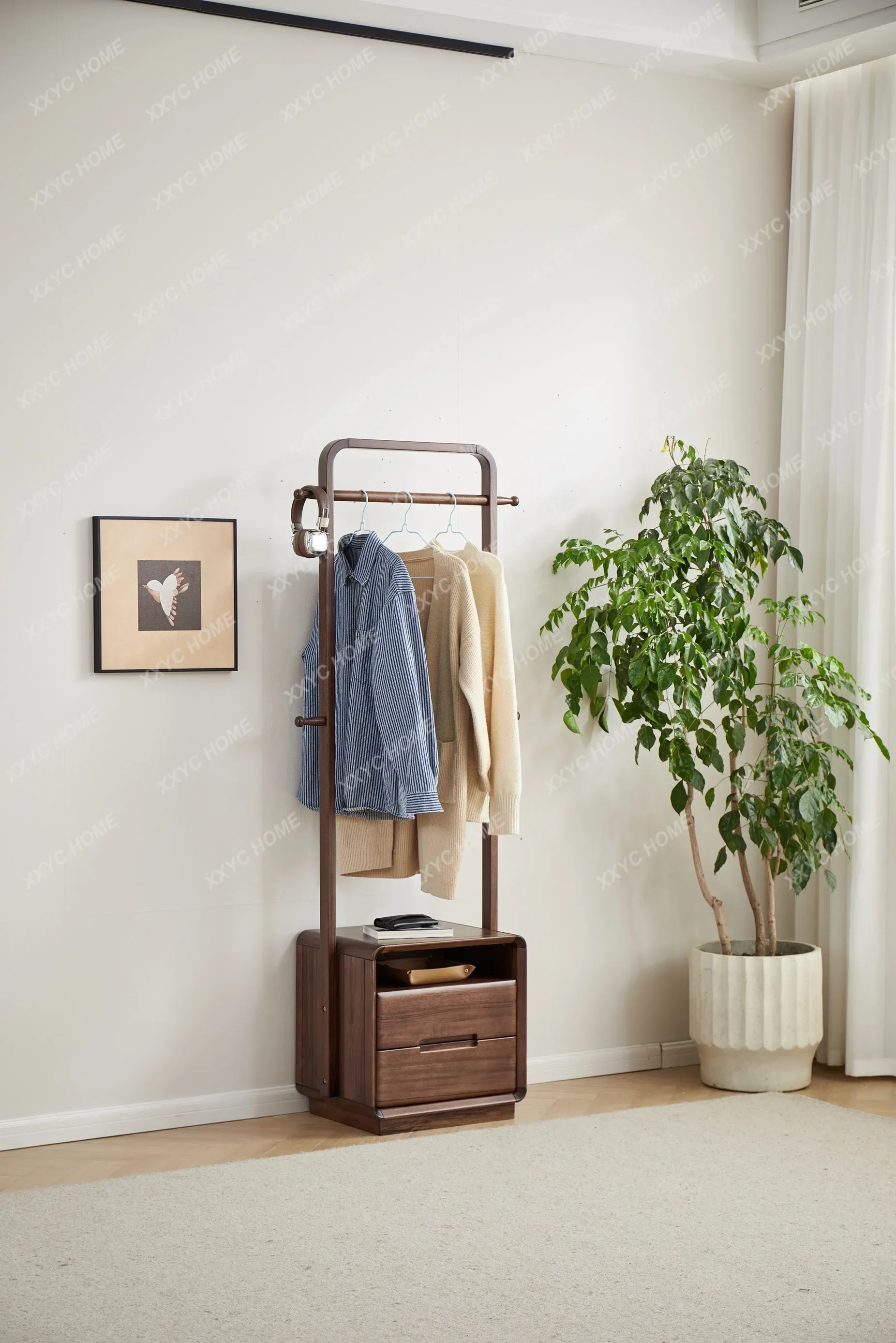 A  Black walnut coat rack, bedside table, universal wheel, solid wood multi-functional locker, zoned storage
