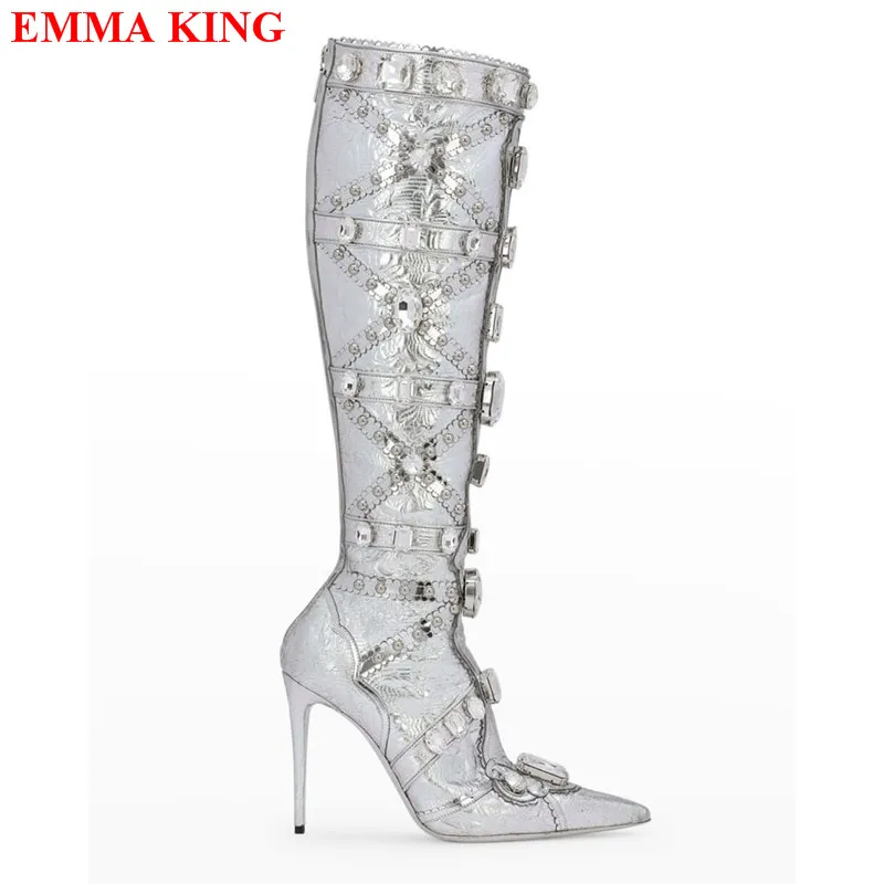 2024 New Designer Shoes Winter Rhinestone Women Boots Luxury Sliver Metallic Knee High Boots Sexy Female Autumn Lady Boots 2022