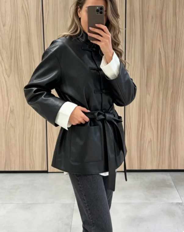 Women Black Frog Button Belted Leather Jacket New Chinese Stand Collar Long Sleeve Loose Outerwear Daily Street Trendy Outfit