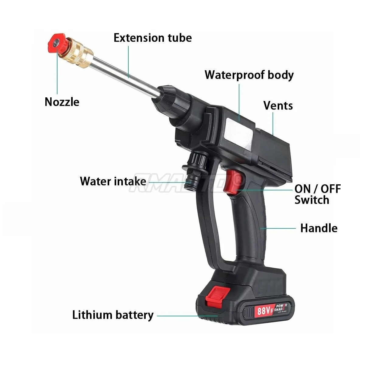 20000mAh Cordless High Pressure Washer Spray Water-Gun Car Wash Pressure Water Nozzle Cleaning Machine for 18V Battery