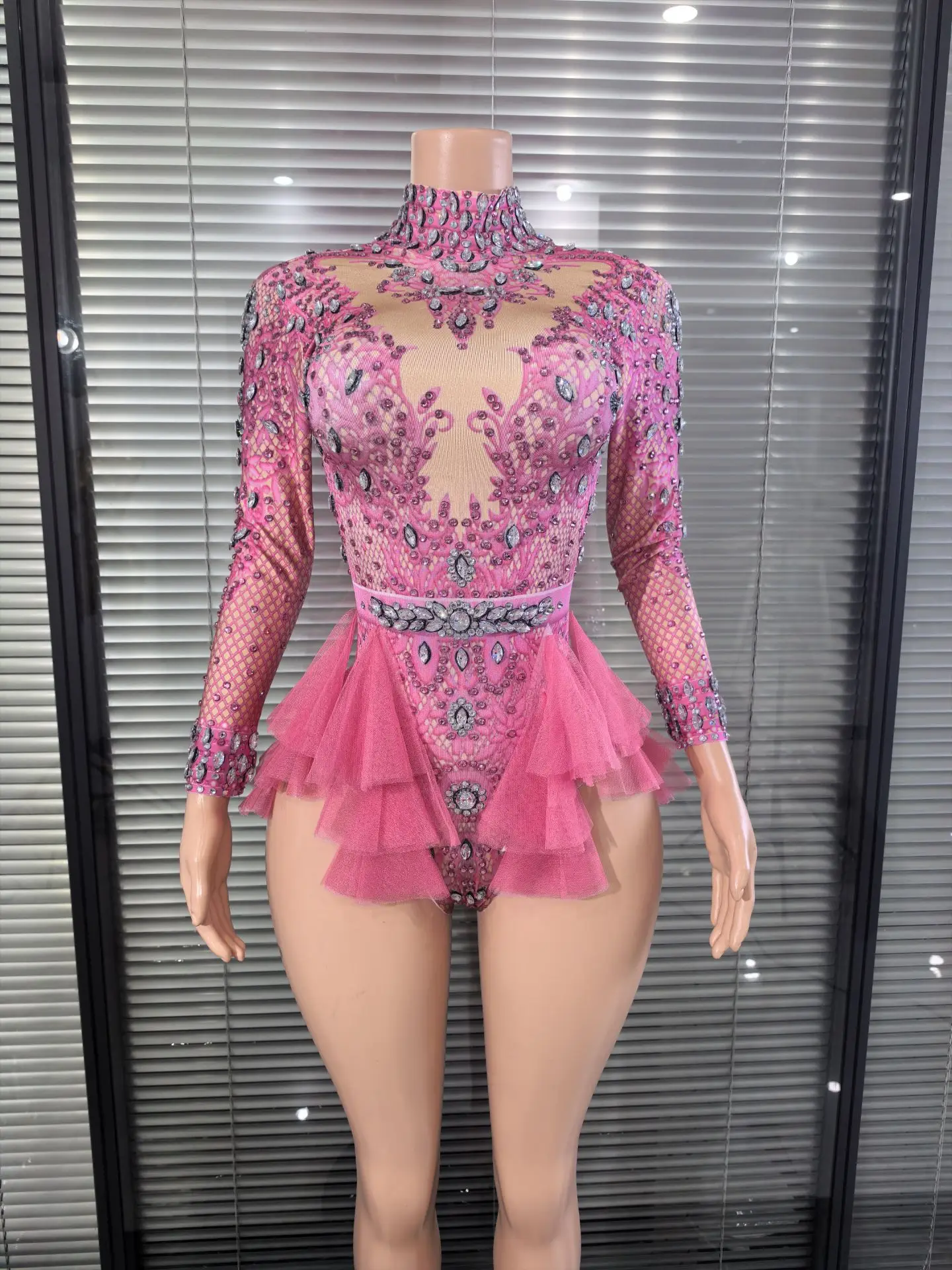 

Pink Red Women Long Sleeve High Stretch Print Shining Diamond Bodycon Bodysuit Nightclub Bar Dancer Performance Costume