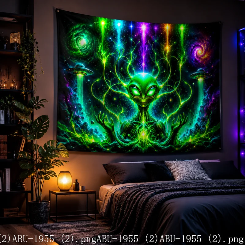 VIKAMA UV Blacklight Alien Mushroom Tapestry Psychedelic Galaxy UFO Print Glow Wall Hanging For Gaming Room Bedroom Decor Banner