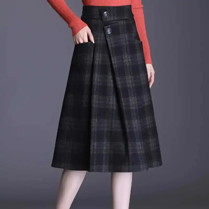 Wool Plaid Skirt Women's Autumn Winter New High-end Versatile Drape Slim Mid-length Pleated Skirt