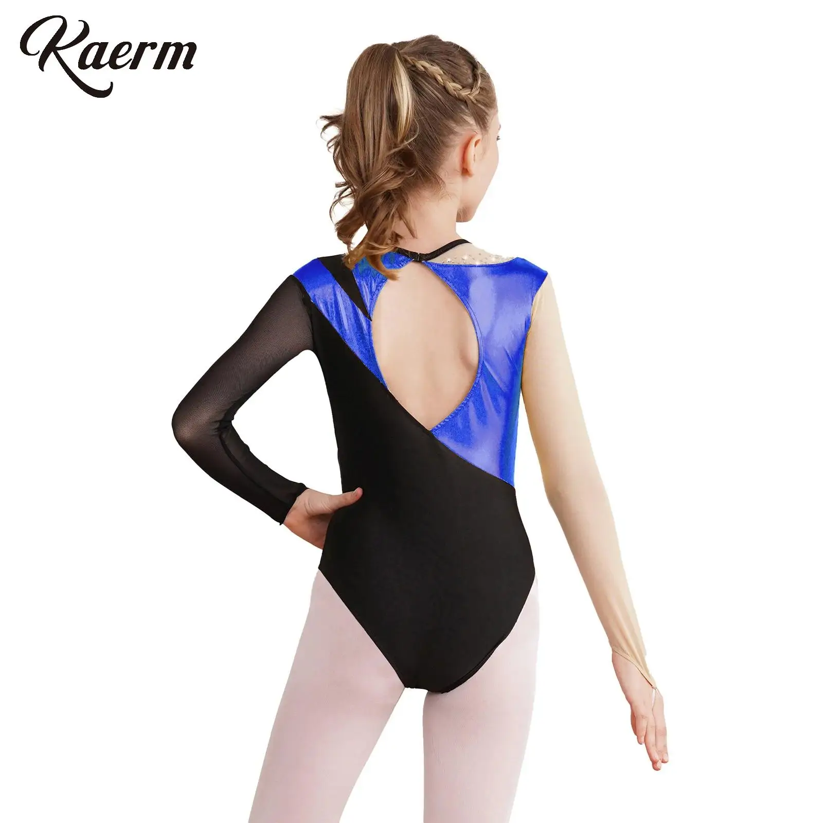 

Kids Girls Long Sleeve Metallic Bodysuit Acrobatics Figure Ice Skating Jumpsuit Bronzing Sheer Mesh Patchwork Gymnastic Leotar