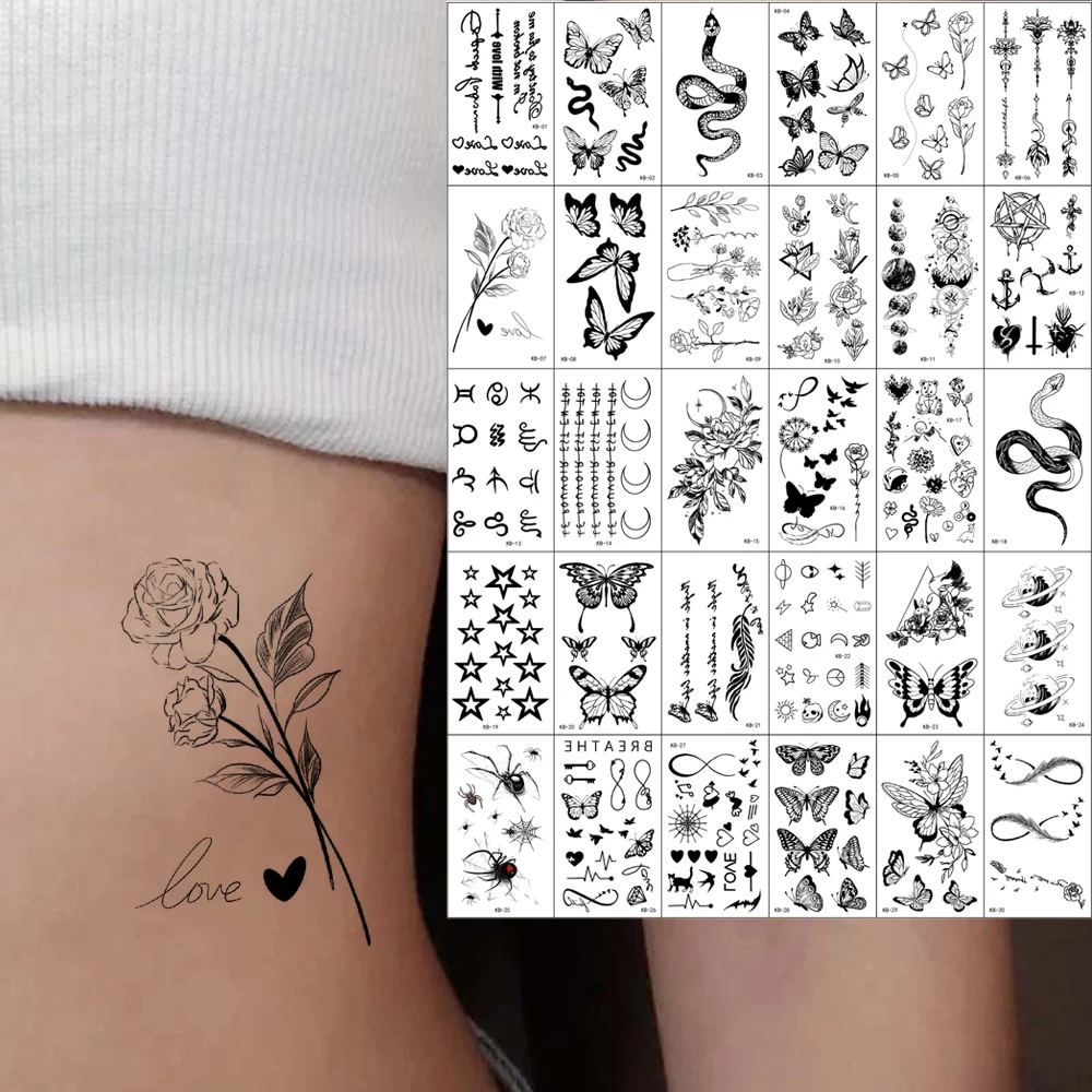 30 قطعة وشم يدوي صغير للنساء والرجال مقاوم للماء ملصقات وشم مؤقت على شكل فراشة وزهرة نجوم ثعبان وشم مزيف فن الجسم