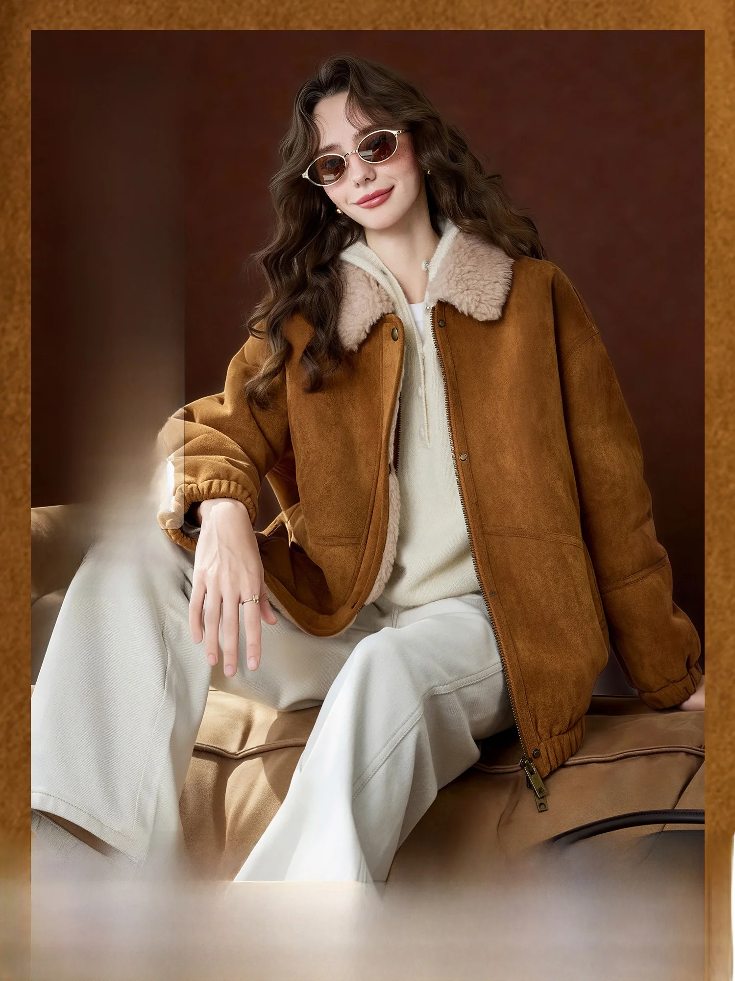 

Faux Fur Suede Jaet Women's Warm Woolen Fluffy Matte Sle Coat Straight Cut Long Sve Zipper Closure ort Length