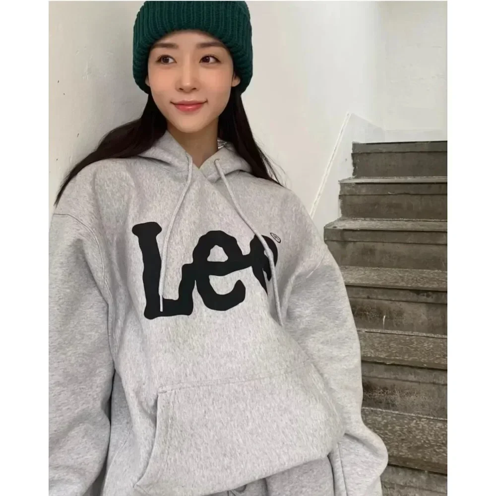 2025 Korean Trendy Brand Lee Classic Logo Long-sleeved Hooded Women Sweater Crew Neck Men  Loose and Versatile Couple Outfit