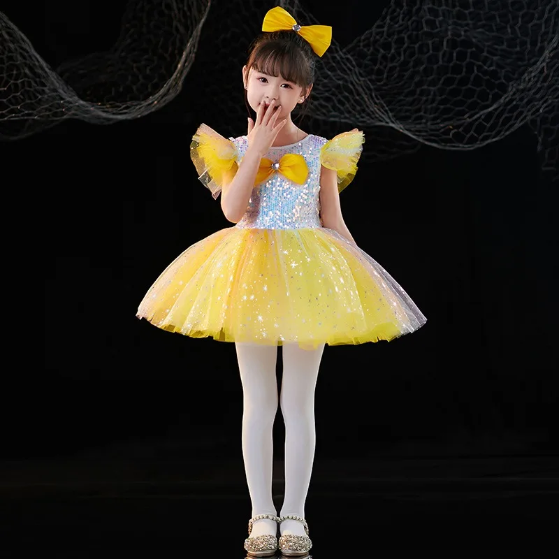Kostium baleriny księżniczki dla dzieci, cekinowa sukienka tutu do tańca nowoczesnego, kostiumy na imprezę szkolną, Nowy Rok, występy sceniczne