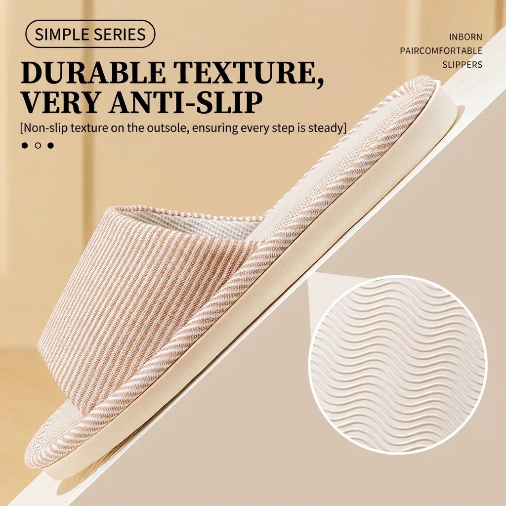 Breathable Flax Linen Slippers Women Men Striped Open Toe Indoor Slides Non-Slip Soft Sole Sweat Absorbing Home Floor House Shoe - view 6