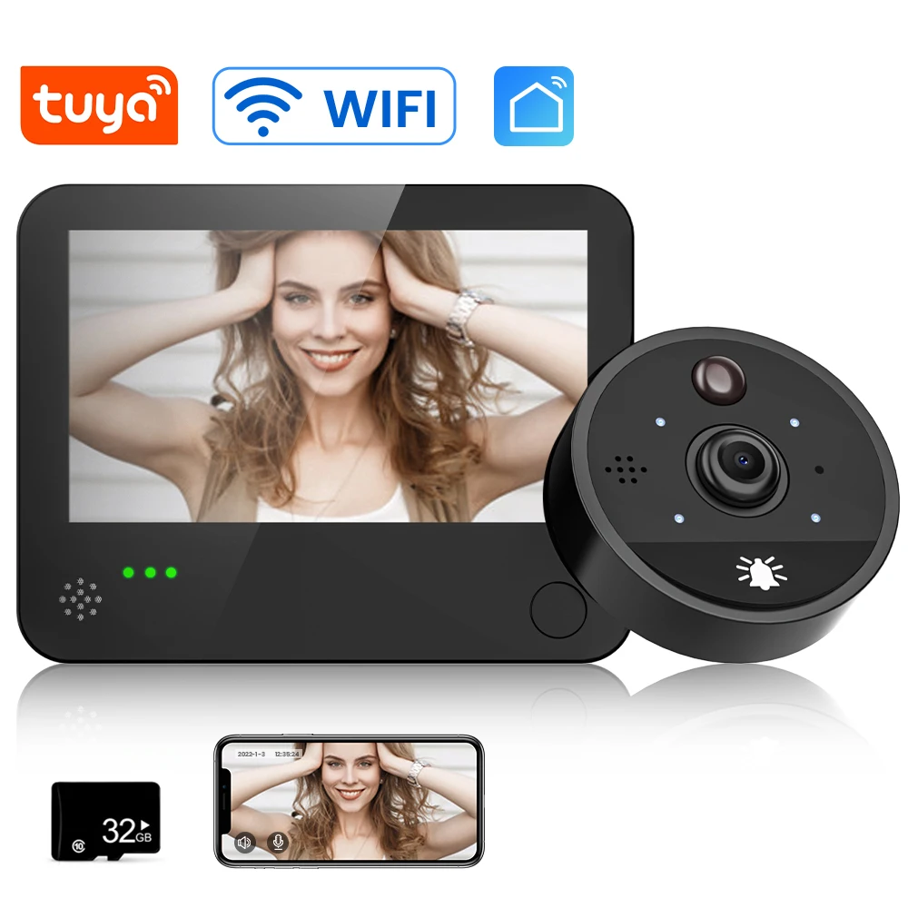 Tuya 1080P HD عارض ثقب الباب واي فاي الذكية فيديو جرس الباب المشاهد 170 درجة باب المشاهد عن بعد إنترفون الأمن مراقب