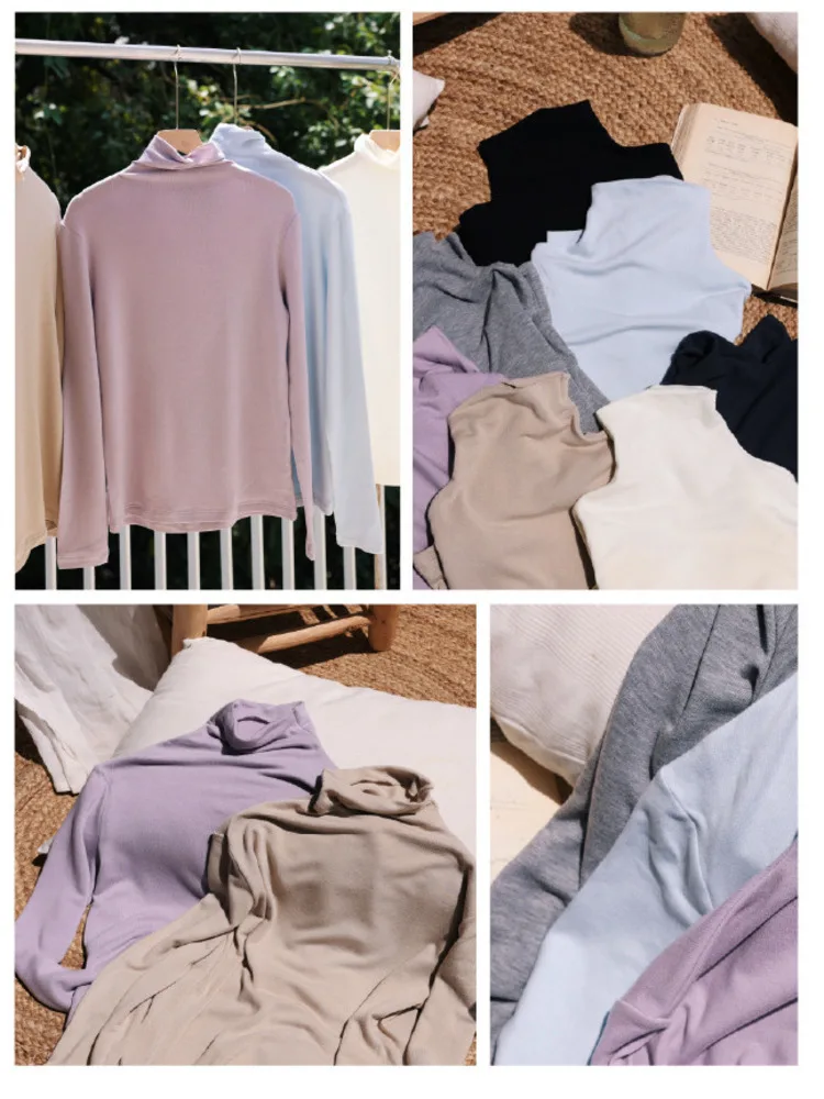 قميص أساسي من الصوف الحريري للنساء تي شيرت للخريف والشتاء من ليوسيل بقصة ضيقة ورقبة عالية