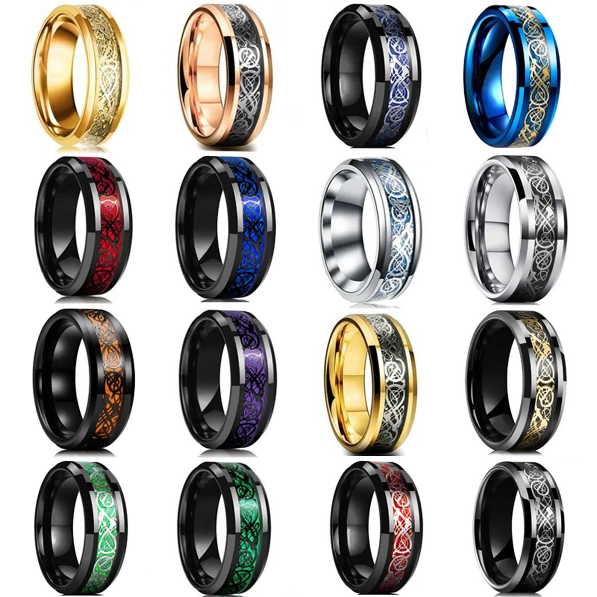 30 Colors Fashion 8MM Men Stainless Steel Celtic Dragon Rings Inlay Carbon Fiber Rings For Men Women Wedding Party Jewelry Gifts