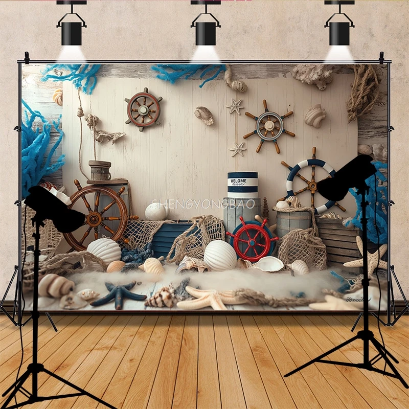 Navigation Starfish Sailboat Photography Backdrops Birthday Party Decor Global Fishing Net Photo Studio Background FG-04