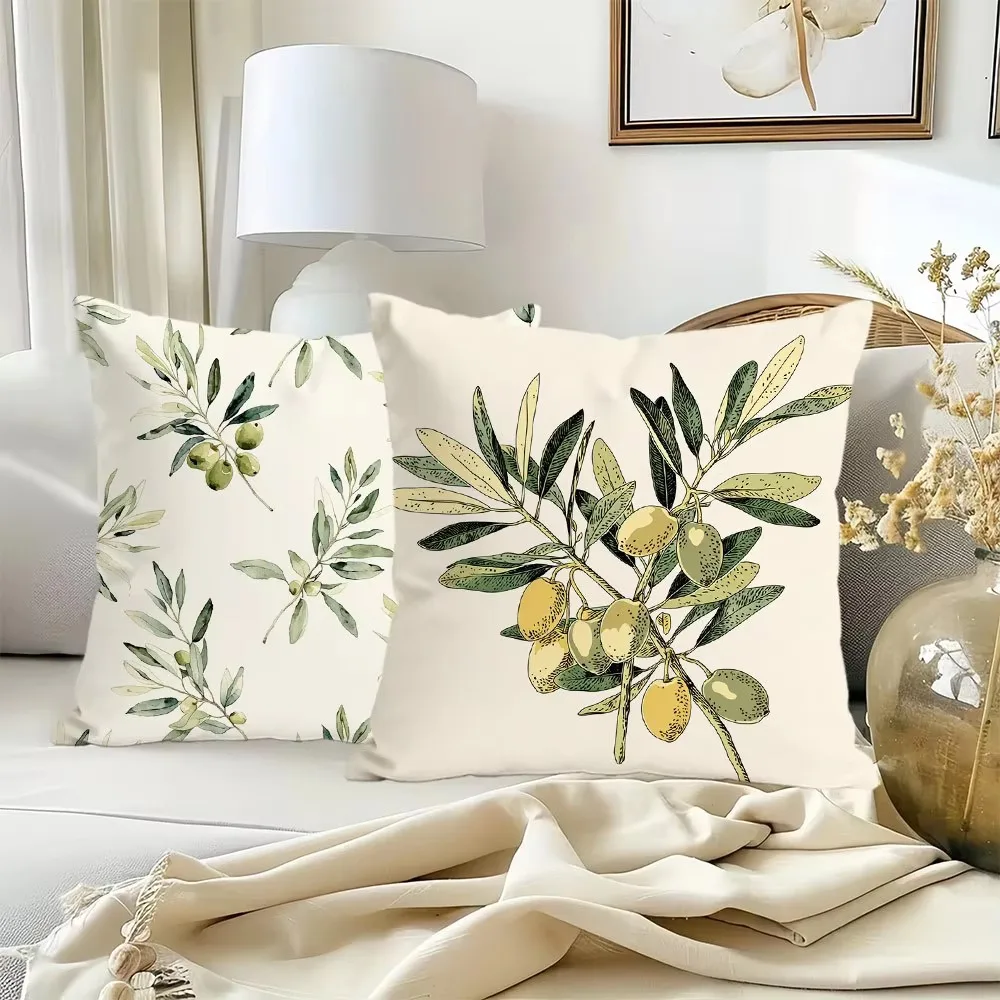 Mediterranean Vintage Olive Twig Pillow Cover, Double Sided 2D Polyester Print Cushion for Sofa Bedroom Living Room Decor Gift