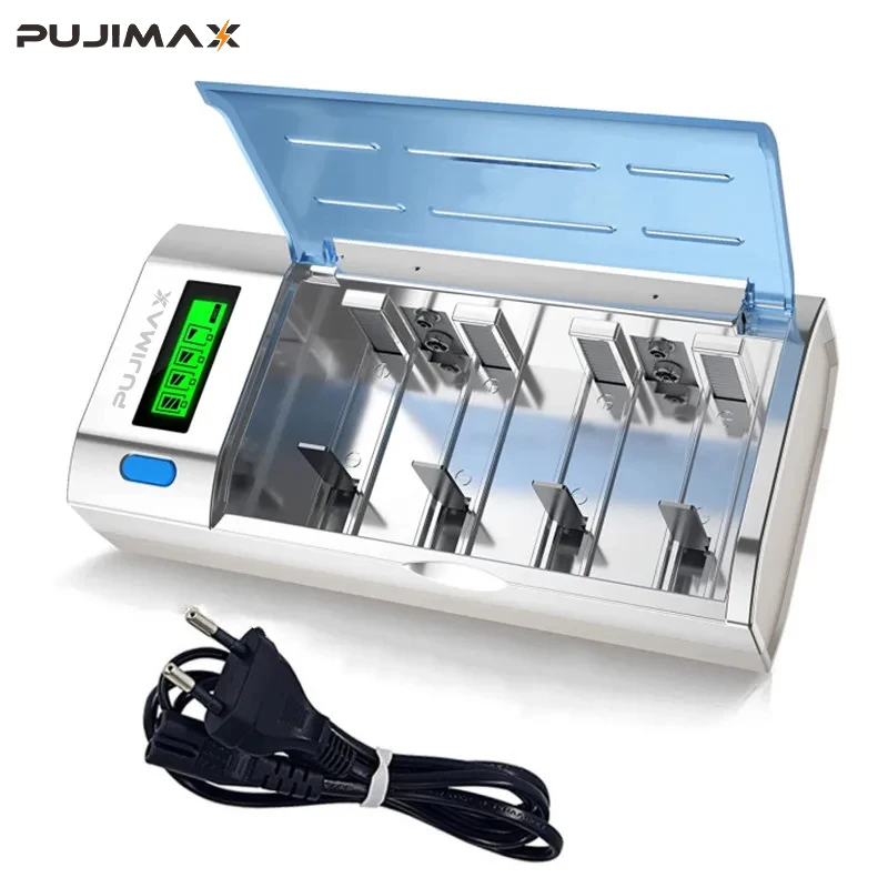 PUJIMAX Universal 6 slots LCD Display Smart Battery Charger EU/US Plug For 1.2V Ni-MH AA/AAA/C/D Size 9V Rechargeable Batteries