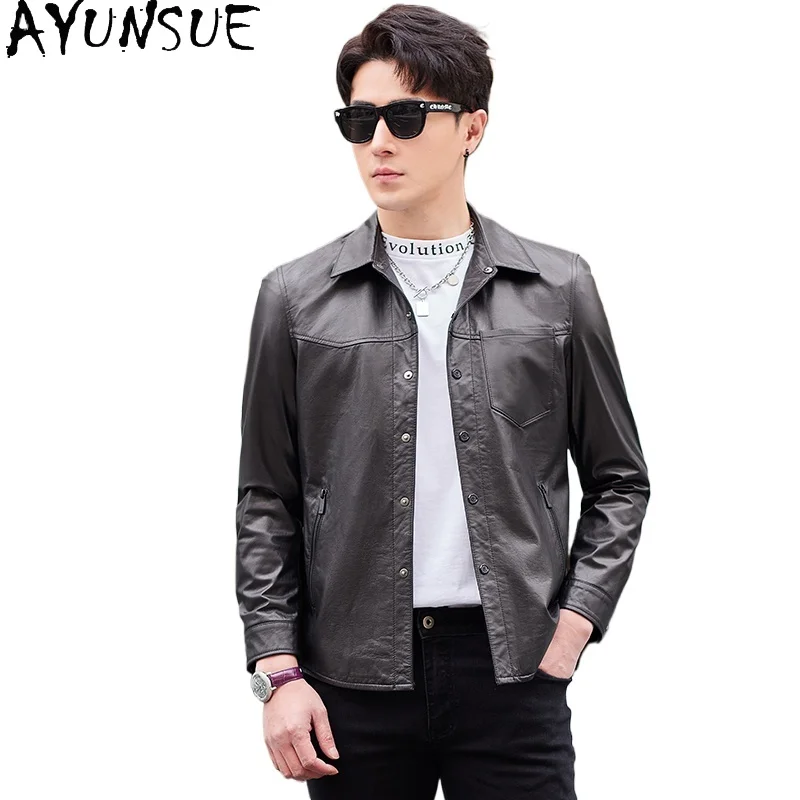 

AYUNSUE куртка из натуральной кожи, мужская весенне-осенняя повседневная куртка с лацканами из натуральной овчины, мужские черные кожаные пальто с лацканами 2025