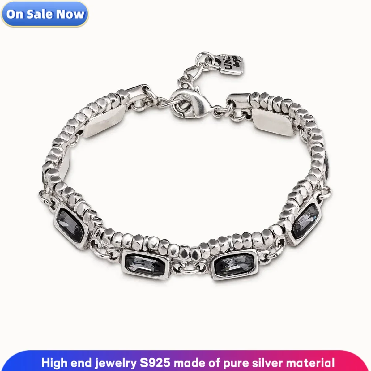 

S925 Pure Silver Geometric Grey Crystal Women's Bracelet, Unique Jewelry High Quality Gift