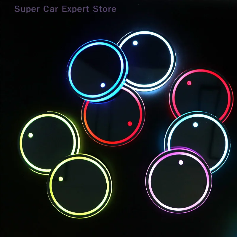 1 Juego de alfombrillas de luz LED, Sensor de luz de botella, accesorios interiores de ambiente, posavasos universales de 7 colores para coche, portavasos