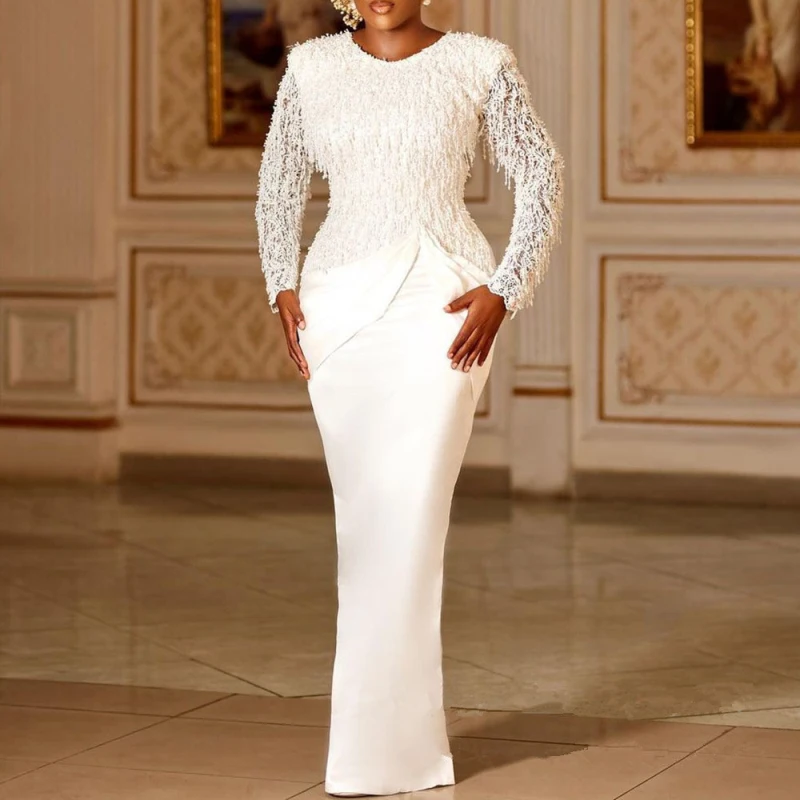 Afrikaanse Mode Vrouwen Witte Jurken Lange Mouw Ronde Hals Kwasten Kant Stiksels Midi Avondjurk Vestidos
