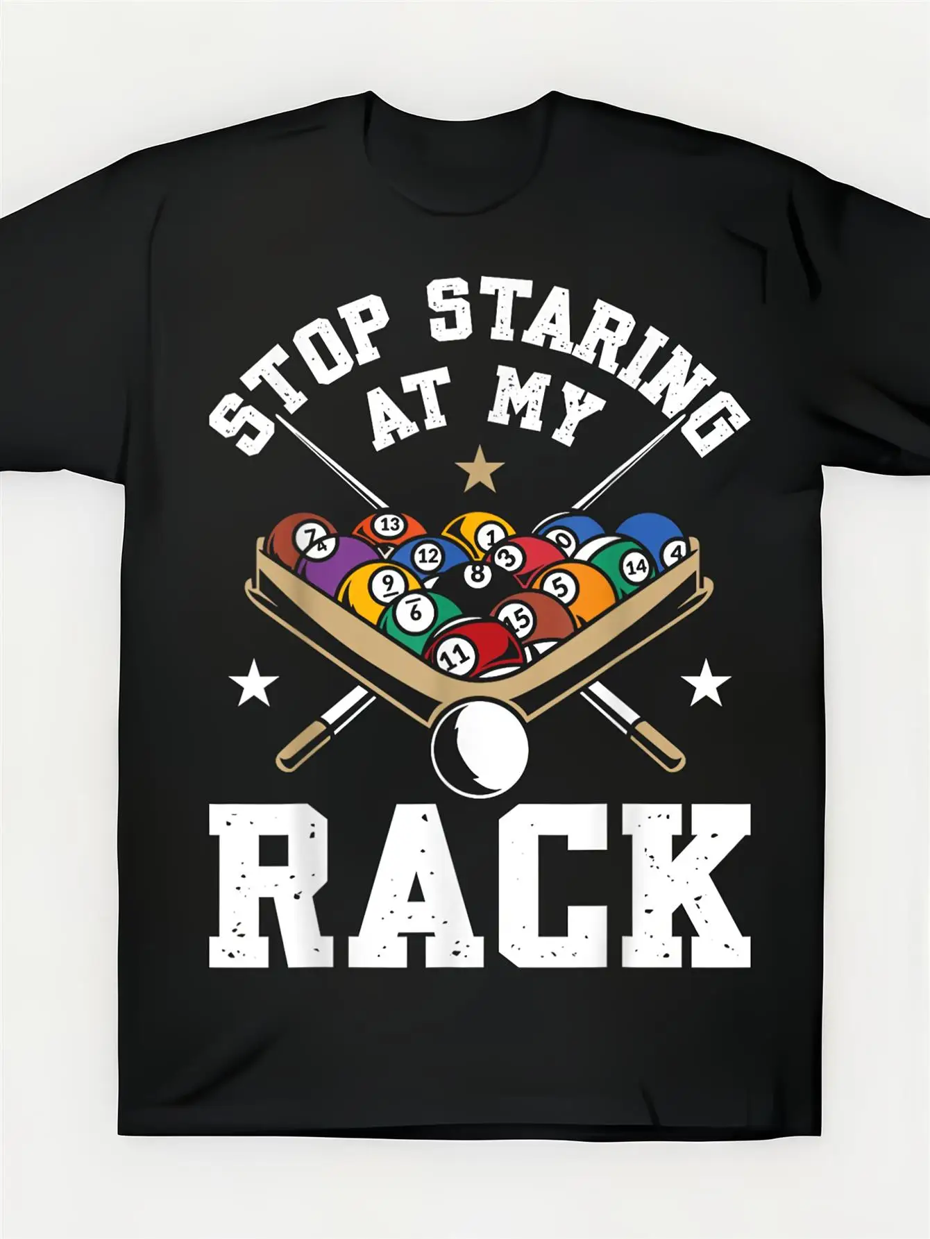 Men's Fun Billiard Player T-Shirt - Stop Staring at My Cue - Heavyweight 180 Billiard Shirt - Vintage Cue Design - Sizes - Casual Bar and Game Room Apparel - Fun Gift for Billiard Players - Black Crew Neck
