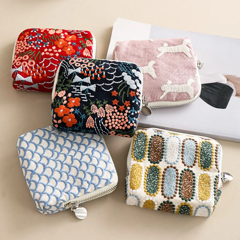 Storage Bag Jewelry Heavy Industry Embroidered Cotton Handmade Niche Pinch Bag Headphone Bag Key Bag Zipper Square Bag