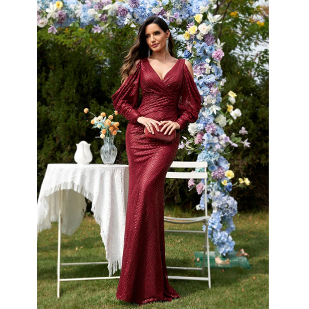 Luxury Burgundy Black Evening Party Dresses Sweetheart Floor Length Slim Fit Full Sleeves Sexy Illusion Pretty Women Prom Gowns