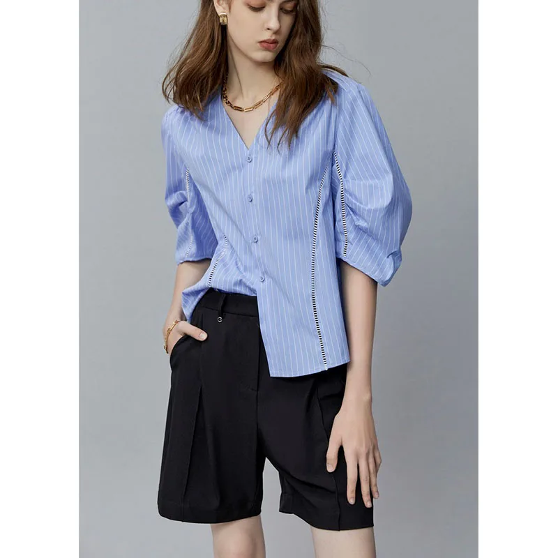 Ele Bubble Sve irt V-Ne Loose Versatile ort Sve Summer Thin Commute Anti-Aging Design Sense Top Women's Faion