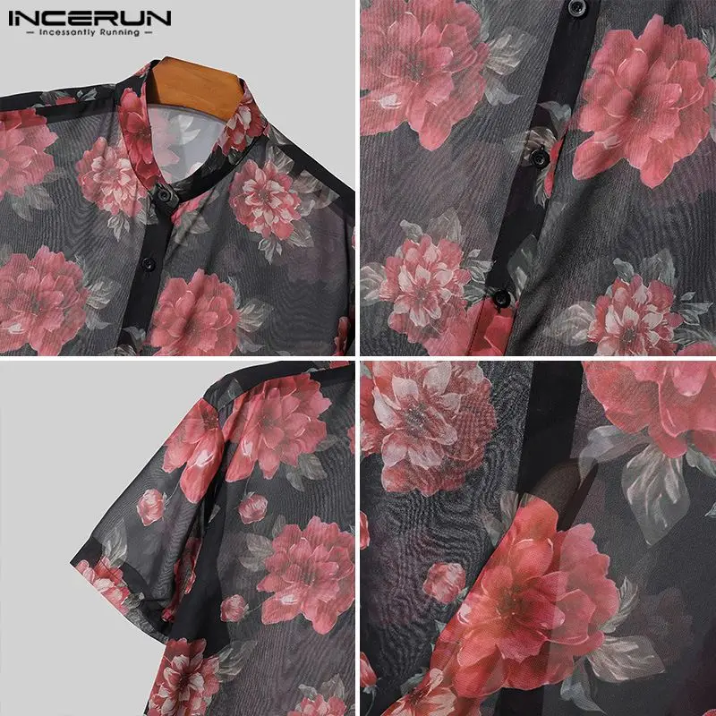 INCERUN Tops 2024 American Style Fashion Men Rose Pattern Printed Shirt Sexy Leisure Personality Thin Short Sleeved Blouse S-5XL